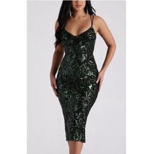 Windsor Sequin Dress Women's Large Green Black Criss Cross Back Straps Stretch